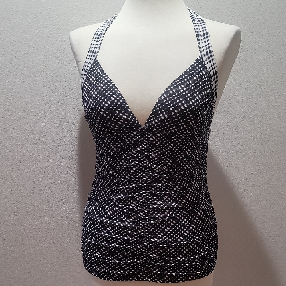 Athleta Sleeveless Swimwear Tankini Haltar Top Black White Vacation Resortwear